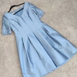 STUNNING Teri Jon Rickie Freeman Ice Blue Silk Fit/Flare Beaded Dress, Size 4
